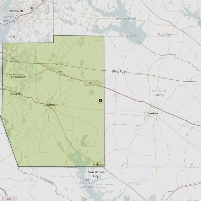 Map showing Kaufman County around Wills Point, TX