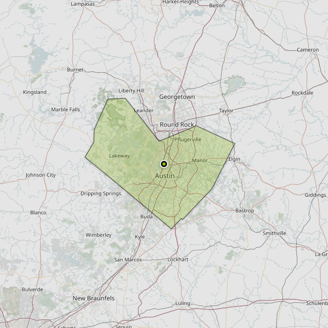 Map showing Travis County around Austin, TX