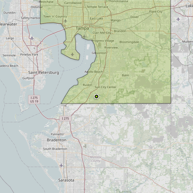 Map showing Hillsborough County around Ruskin, FL