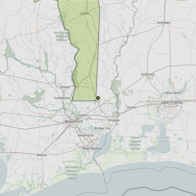 Map showing Jasper County around Buna, TX
