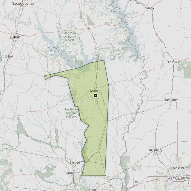 Map showing Jasper County around Jasper, TX