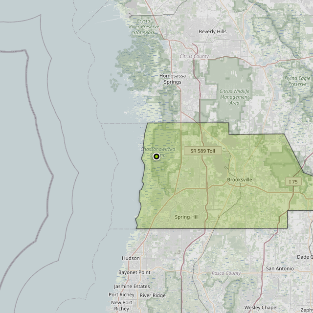 Map showing Hernando County around Weeki Wachee Gardens, FL