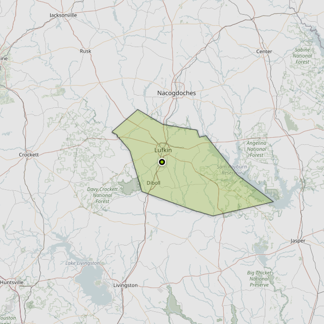 Map showing Angelina County around Lufkin, TX