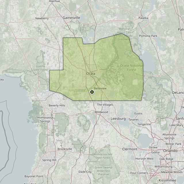 Map showing Marion County around Ocala, FL