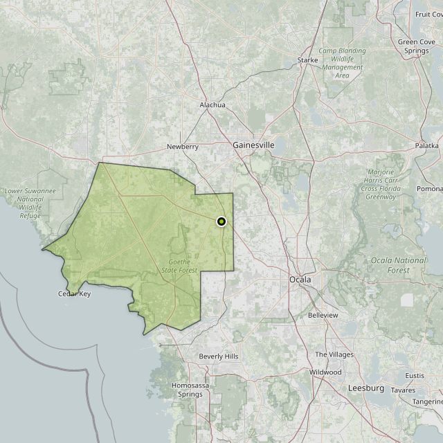 Map showing Levy County around Williston, FL