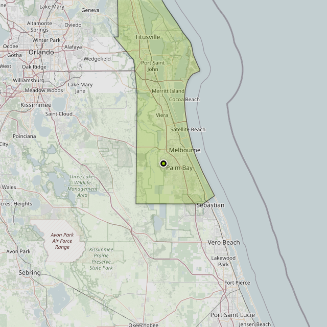 Map showing Brevard County around Melbourne, FL