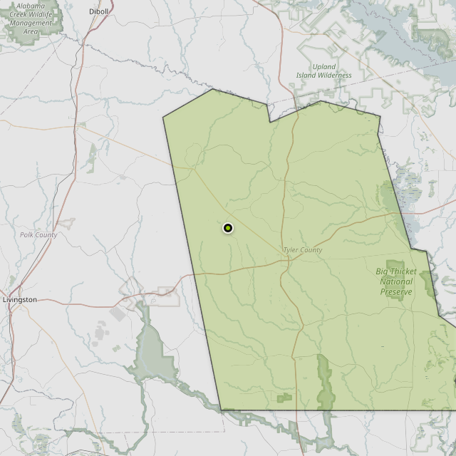 Map showing Tyler County around Woodville, TX