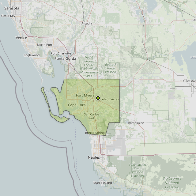 Map showing Lee County around Lehigh Acres, FL