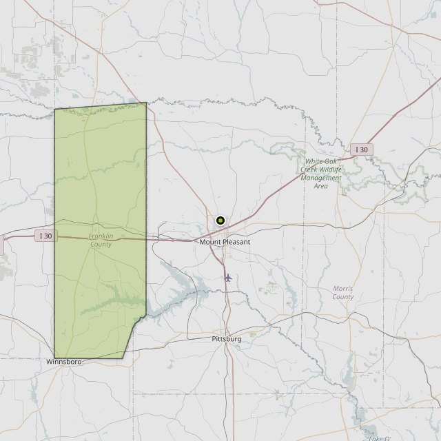 Map showing Franklin County around Mt Pleasant, TX