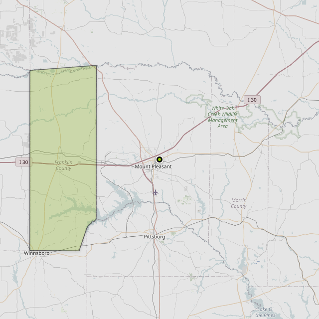 Map showing Franklin County around Mt Pleasant, TX
