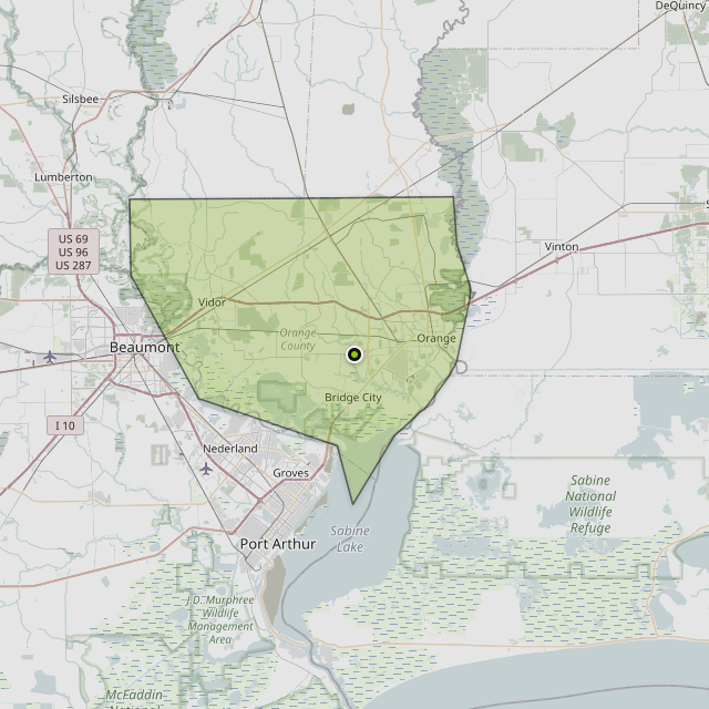 Map showing Orange County around Orange, TX