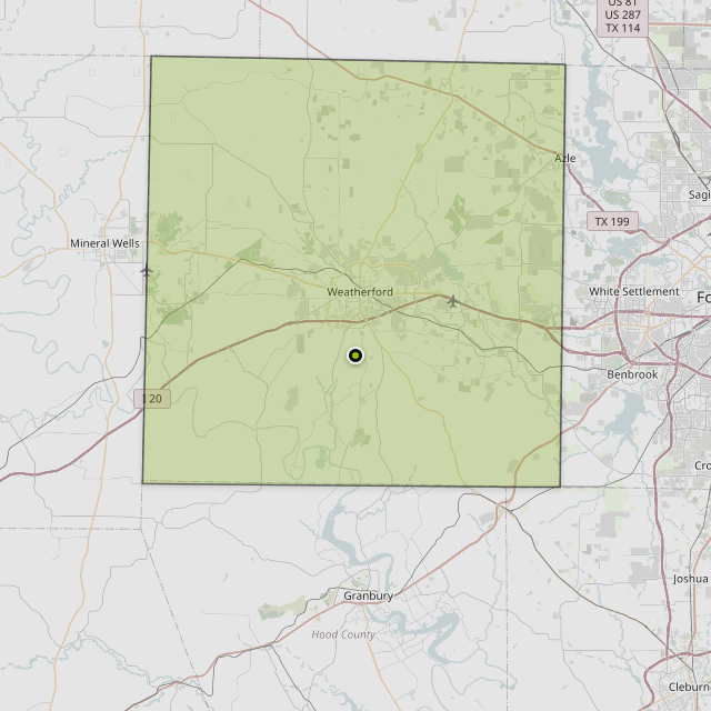 Map showing Parker County around Weatherford, TX