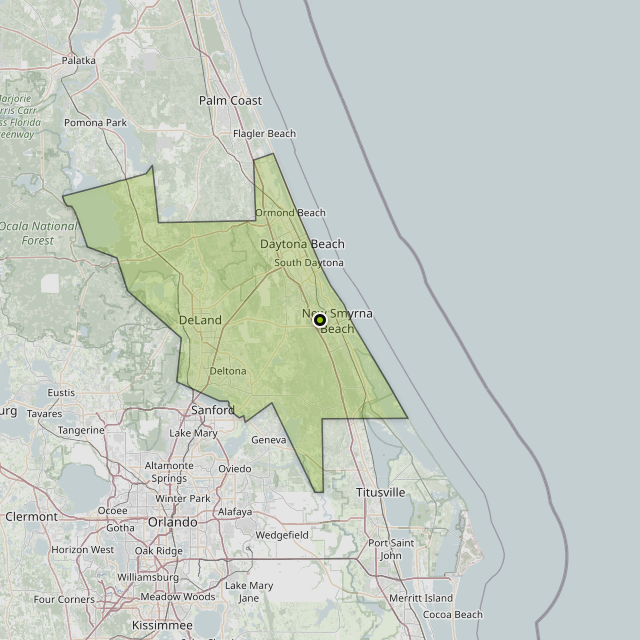 Map showing Volusia County around New Smyrna Beach, FL