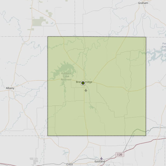 Map showing Stephens County around Breckenridge, TX