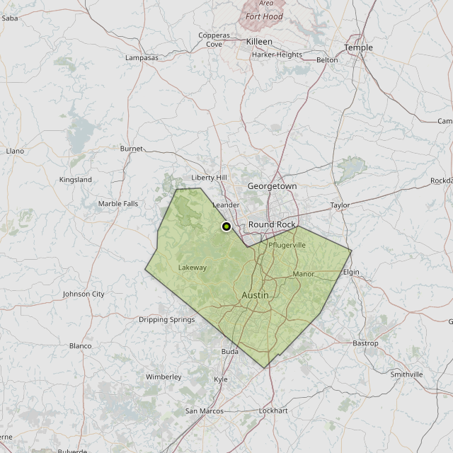 Map showing Travis County around Cedar Park, TX