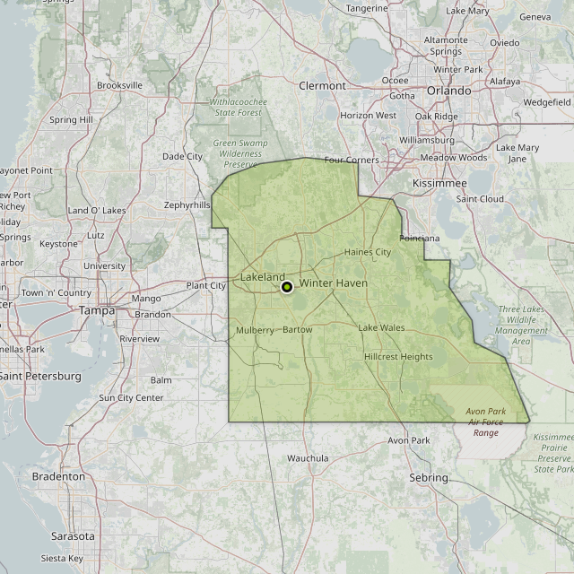 Map showing Polk County around Lakeland, FL