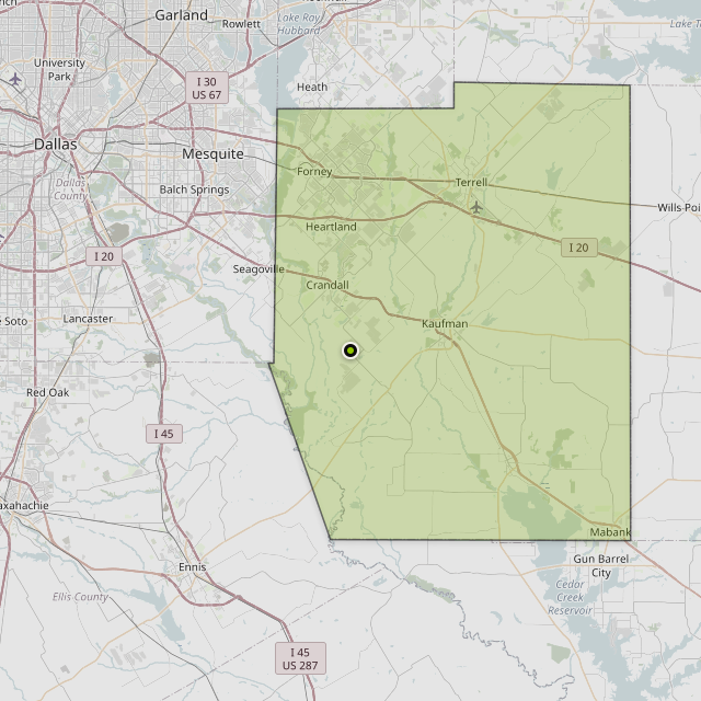 Map showing Kaufman County around Kaufman, TX