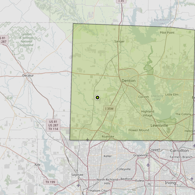 Map showing Denton County around Justin, TX