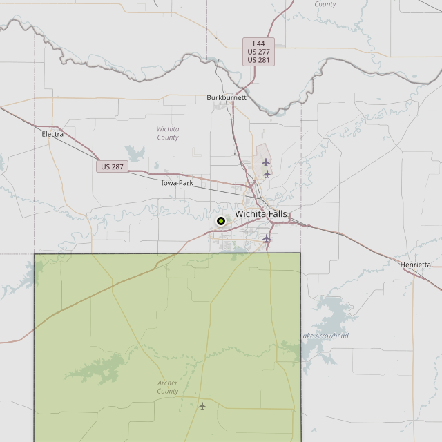 Map showing Archer County around Wichita Falls, TX