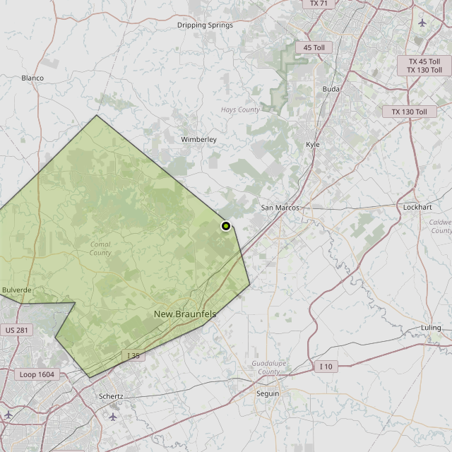 Map showing Comal County around San Marcos, TX
