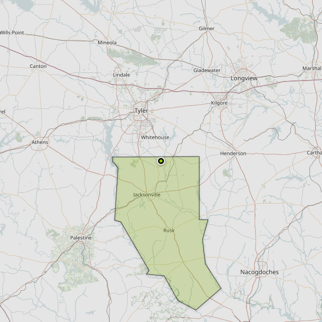 Map showing Cherokee County around Troup, TX