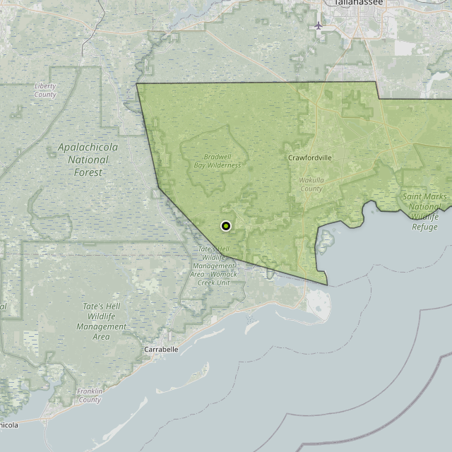 Map showing Wakulla County around Crawfordville, FL