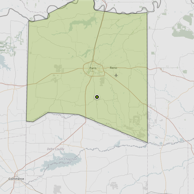 Map showing Lamar County around Paris, TX