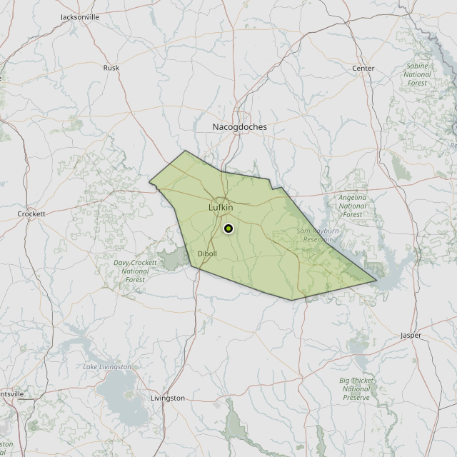 Map showing Angelina County around Lufkin, TX