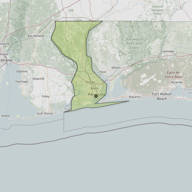 Map showing Escambia County around Pensacola, FL