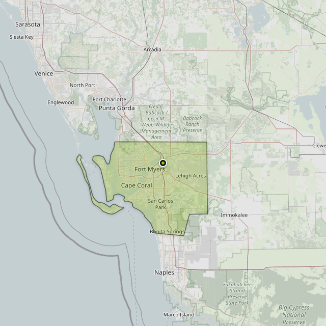 Map showing Lee County around Fort Myers, FL