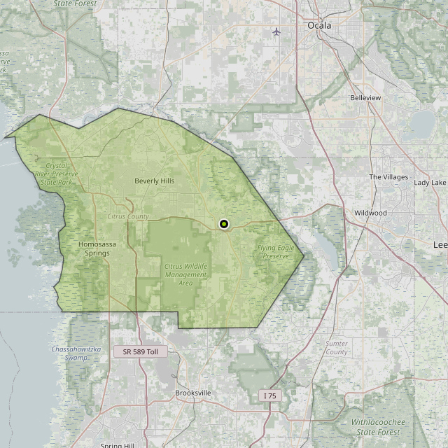 Map showing Citrus County around Inverness, FL