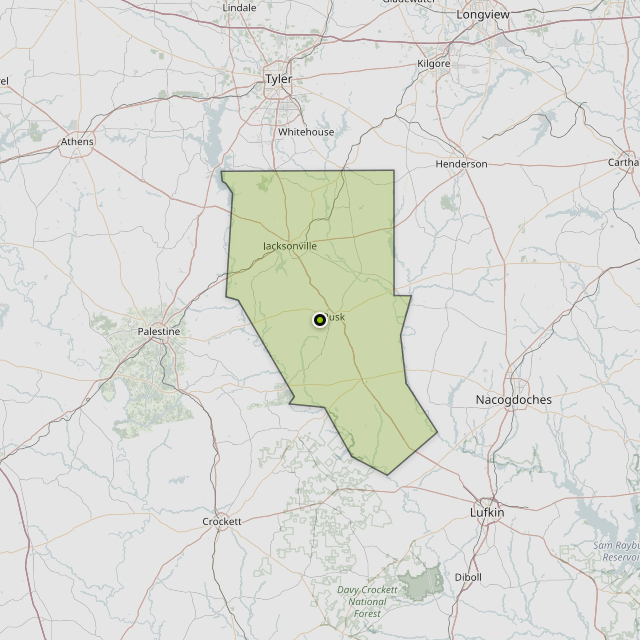 Map showing Cherokee County around Rusk, TX