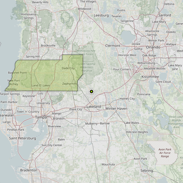 Map showing Pasco County around Lakeland, FL