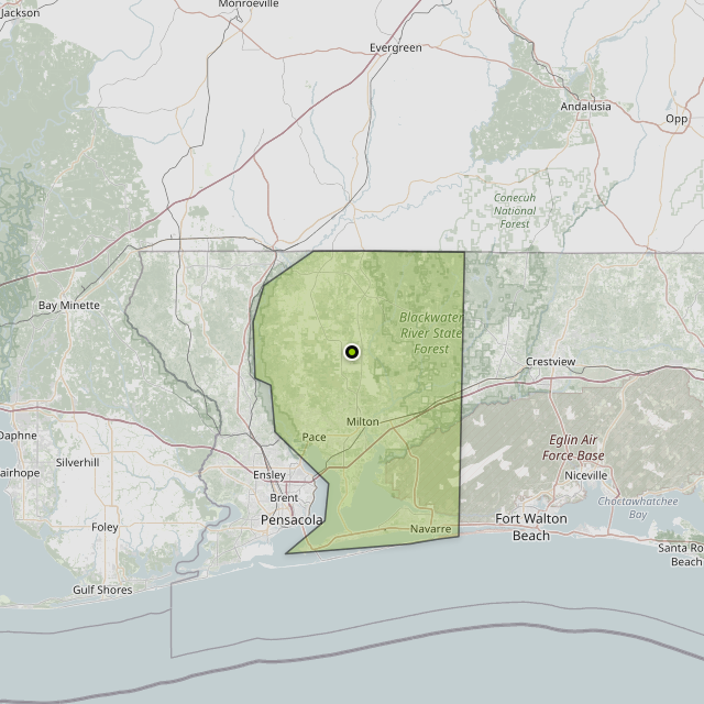 Map showing Santa Rosa County around Milton, FL