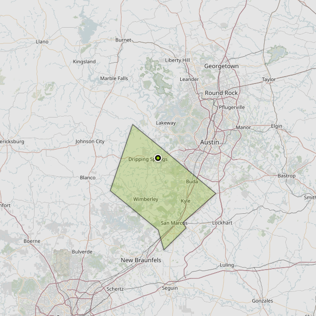 Map showing Hays County around Dripping Springs, TX