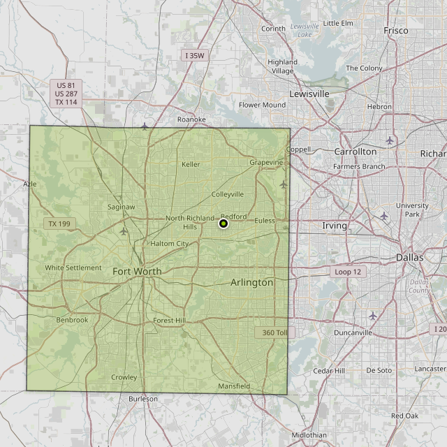 Map showing Tarrant County around Bedford, TX