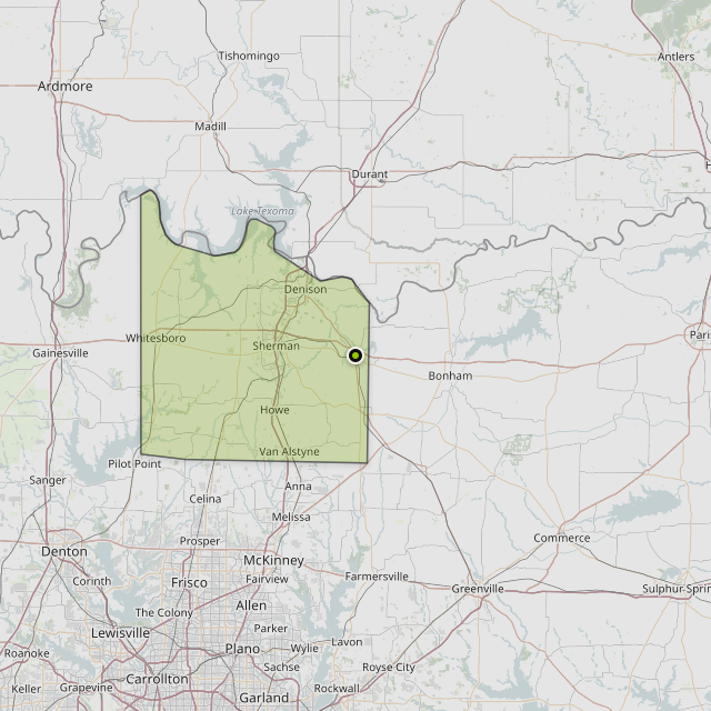 Map showing Grayson County around Bells, TX