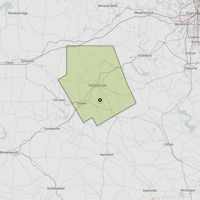 Map showing Erath County around Stephenville, TX