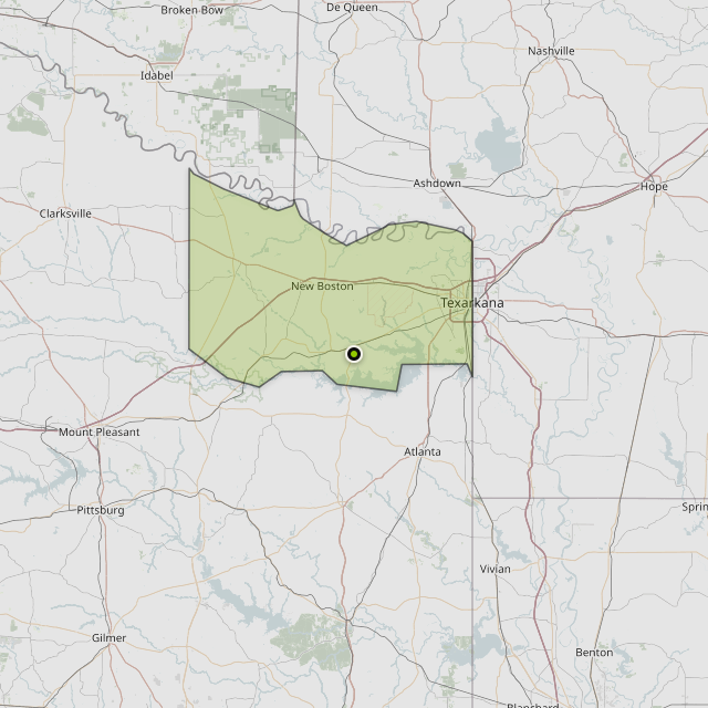 Map showing Bowie County around Maud, TX