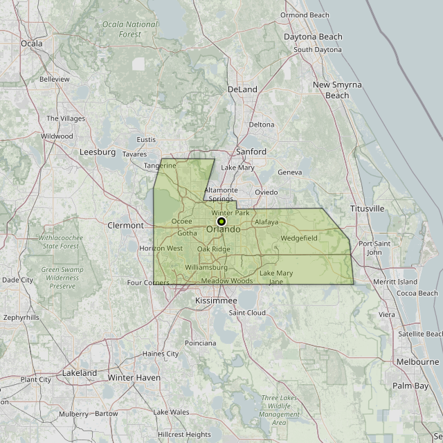 Map showing Orange County around Orlando, FL