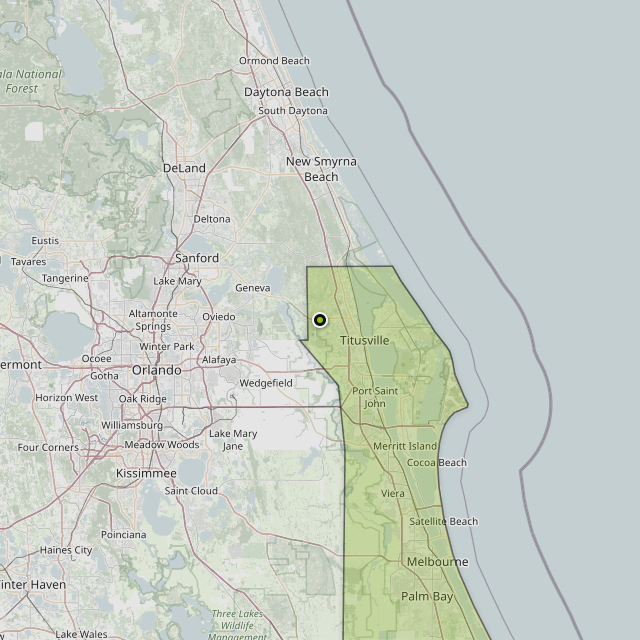 Map showing Brevard County around Mims, FL
