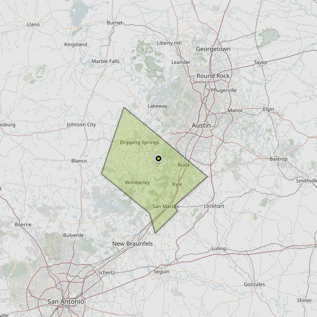 Map showing Hays County around Shady Hollow, TX