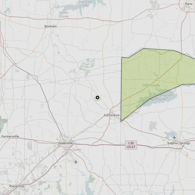 Map showing Delta County around Commerce, TX