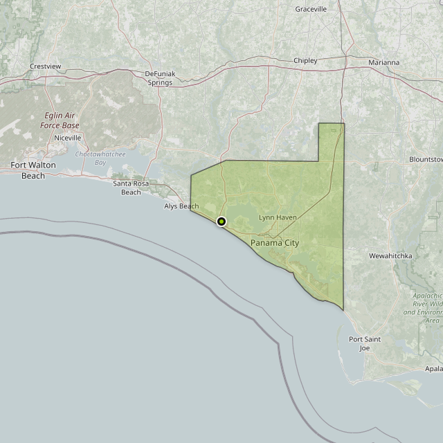 Map showing Bay County around Panama City Beach, FL