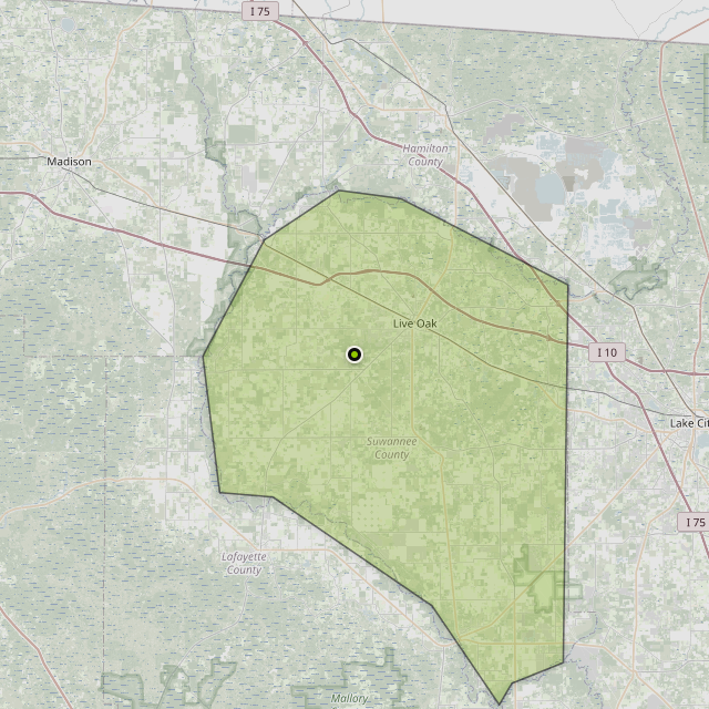 Map showing Suwannee County around Live Oak, FL