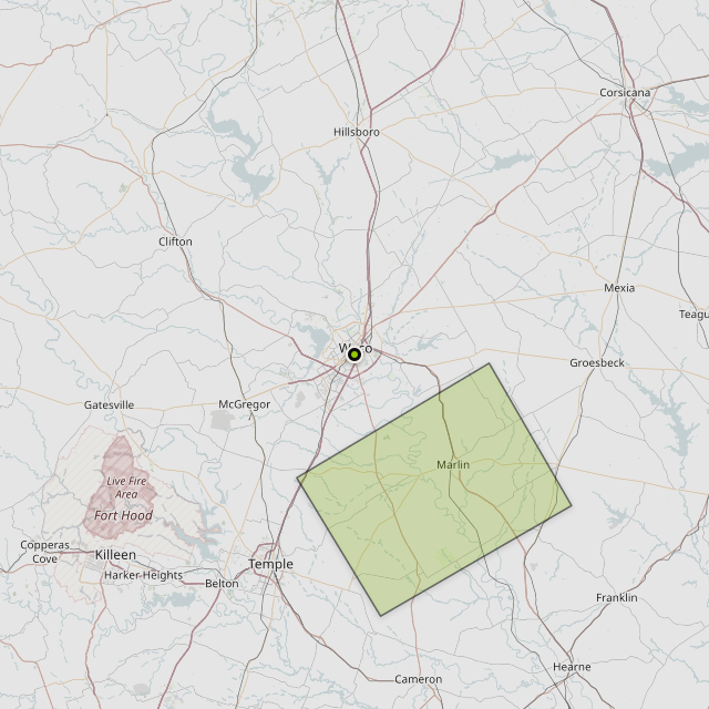 Map showing Falls County around Waco, TX