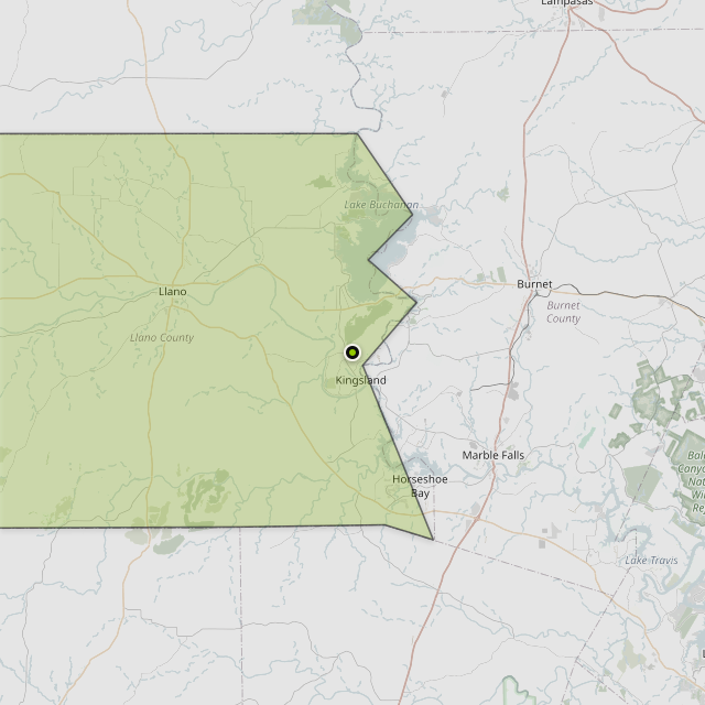 Map showing Llano County around Kingsland, TX