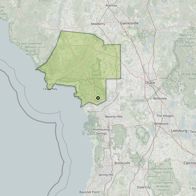 Map showing Levy County around Inglis, FL