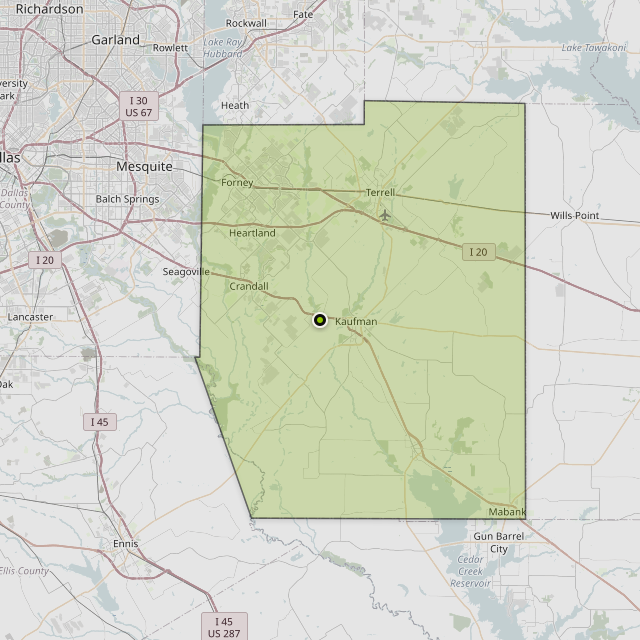 Map showing Kaufman County around Kaufman, TX