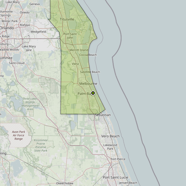 Map showing Brevard County around Malabar, FL